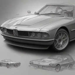 technical concept study, pencil sketch, sigle digital, inspired from Vintage bmw car