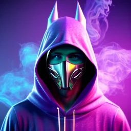 purple galaxy masked hooded super villain, weapons in hands, teal and purple smoke, full portrait, hyper realistic, 4k