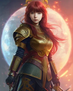 Detailed anime creature, red hair, dragon scale armour, intricate details, full body portrait, keep head in frame, slight smile, black Japanese motif, concept art, highly detailed, digital painting, concept art, sharp focus, illustration, art by Yoji Shinkawa, WLOP and greg rutkowski and alphonse mucha and artgerm and yanjun Chen and Junji ito and Makoto Shinkai, HDR, octane render, dark background