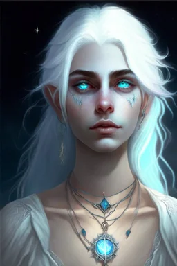 hauntingly beautiful character for dnd, young woman with white hair and blue eyes, angel, with moon necklace