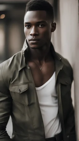 portrait of a dark skinned african american male model with strong jawline, and high cheekbones and hunter eyes and short hair