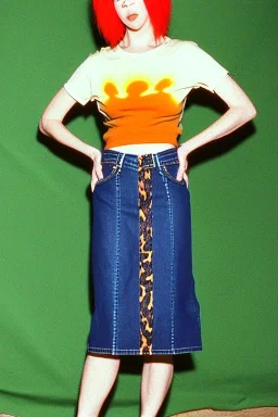 year 1996 denim fashion. Loose skirt, low waist. Combat pants and t-shirt. Colors: denim blue, blue, purple, cream, khaki, light green, lilac, plum, orange, terracotta, red, light yellow, pink, dark blue, beige. Latex in small part. Cheetah pattern. Gwen Stephani, Shirley Manson.Cargo pants