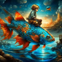dreamlike, Esao Andrews-esque scene where a barefoot boy in tattered overalls rides atop a colossal, iridescent koi fish through a surreal twilight lagoon, his arms wrapped around the fish's sleek, glistening body as if it were a trusty steed. The fish's scales shimmer with impossible huespearlescent blues melting into burnt orangeswhile its fins fan out like delicate silk banners torn from some celestial tapestry. Around them, the water refracts into liquid prisms, distorting reflections of gna