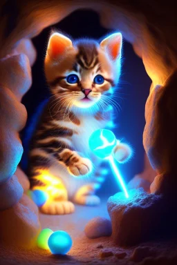 extremely cute glowing kitten is playing in a cave with balls, fantasy highly detailed photorealistic very attractive beautiful