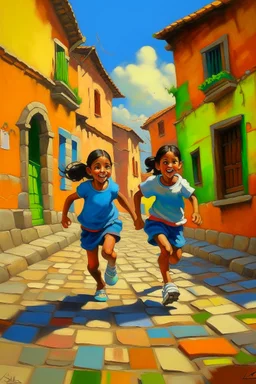 2 maxican childeren running painting neoclassism in a traditional mexican city