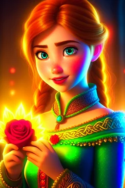 Princess Anna from Frozen is very beautiful, symmetrical, and glowing, holding a rose