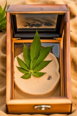 a close up imprint of a neat male foot print with 5 toes within sand,the sand is within a glass box which is filled half way with the sand, around the imprint are small weed plants, guitar plectrums,a.leather band with piece sign, green round sunglasses, on the corner of the glass box hangs a tasta beanie, on the outside on the glass is a metal nameplate with "Bob Marley" written on it