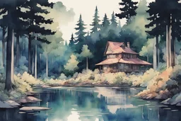 retro anime style, full color, dark serious 1980s anime style, A lake in the forest near a cottage, watercolor, forest,