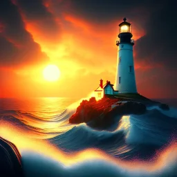 Fantasy, light house, lighting, surreal, waves crashing below, 8k, sunset, sketch