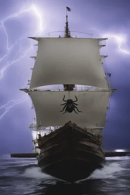 Ship front view with a Spider figurehead at night in a storm with giant waves