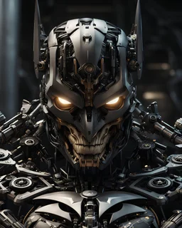 Ultra-detailed rendering, Batman, close-up shot, face-skull-like mech with a menacing and formidable appearance, dark and shadowy color scheme, piercing white eyes, intricate mechanical design, high-resolution image capturing the complex fusion of human and machine