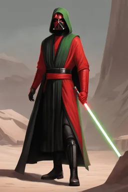 Full Muscular Body, Male Tan Human, Sith Empire, Red Bandage Blindfold. Green and Black Robes, Red Lightsaber