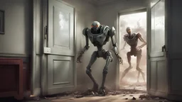 TALL NASTY ALIEN robot smashing its way though a door window, inside the house, a terrified british soldier hides from the creature behind a counch