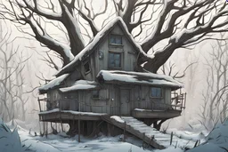 winter tree house , overgrown apocalyptic background, comic book,