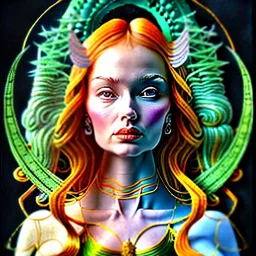 portrait of a beautiful busty Jean Grey with green eyes riding a unicorn by Sandro Botticelli style