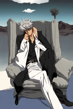 Nicholas Wolfwood Trigun is sitting on a couch in the middle of the desert