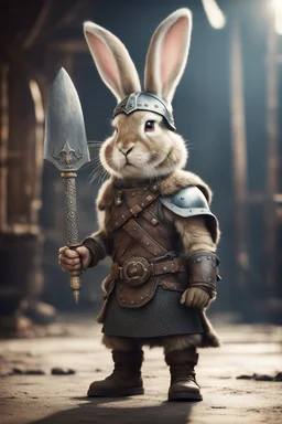 portrait of cute fast historic strong viking rabbit with horned viking helmet & boots holding ornate viking sword in fallout 4 setting, bokeh, downlight, prize winning, depth of field, in the style of ivo caprino