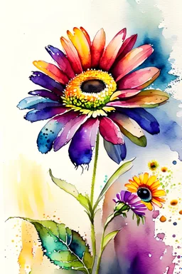 one small daisy flower next to big colorful exotic flowers, watercolor
