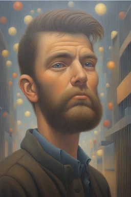 George Tooker oil painting a dreaming young beard colored punk guy graffiti in the pop '80s Mall lights during rainy day oil painting art