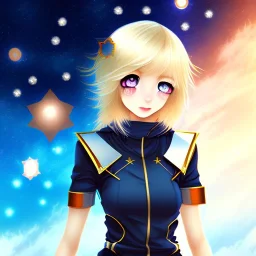 blond anime girl with dark blue eyes, pointing at the stars