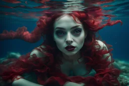 Underwater, closeup Siren girl with big eyes, ragged clothes, lying pose, fullbody, his skin translucent, darkred tones, 8k,macro photography,