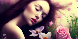 girl buried in flowers, dead, beautiful, eyes closed, laying down, close up