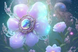 one big crystal subtle flower in a galactic ambiance, transparent petals, delicate colors, in the foreground, with a very little beautiful fairy, full of details, smooth, bright sunshine，soft light atmosphere, light effect，vaporwave colorful, concept art, smooth, extremely sharp detail, finely tuned detail, ultra high definition, 8 k, unreal engine 5, ultra sharp focus