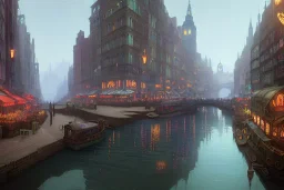 Canal River and corner shop greengrocer in colorful Italian street+Gothic city+BioShock+Dishonored+Bloodborne +trieste+Edinburgh+Chicago+victorian London+decòpunk Skyscraper+ +steampunk+biopunk+alphonse mucha, greg rutkowski,matte painting, cryengine, hyper detailed, felix kelly, fantasy art, seb mckinnon