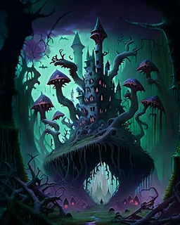 A frightening mushroom forest dungeon with a twisted bramble evil castle in the background