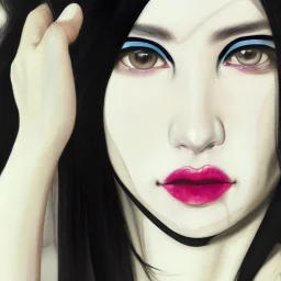 a painting of a woman with long black hair,an oil painting, painted by addition of overlapping layers of color,painting by Fumi Koike, glazing technique, hyper realistic painted long black hair ,very pale skin, intricate precise detail, inspired by Kris Knight, figurative art, in yoji shinkawa's art style, annoyed expression, looking directly at us,