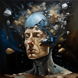 A modern days surrealist oil painting: My Exploding Head is the title of this piece, dutch master, , --ar 15:9 : depicting a surreal clear stardust ceramic fragmented Pixel Witch head and face made up of cracked fragments floating/suspended pulled apart, 3d, all the broken and cracked fragments drifting far away, layers and layers, expanding/moving away from each other suspended in the air, inside the head is a galaxy,