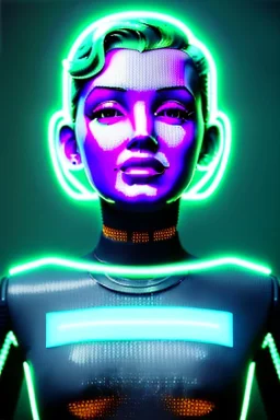 Ultra Realistic image, portrait, blonde woman, Marylin Monroe face, perfect iris, glow eyes, glow makeup. Cyborg, Cyberpunk, ex machina style, oversized tight latex dress. fog, rain, soft color, highly detailed, unreal engine 5, ray tracing, RTX, lumen lighting, ultra detail, volumetric lighting, 3d, finely drawn, high definition, high resolution.