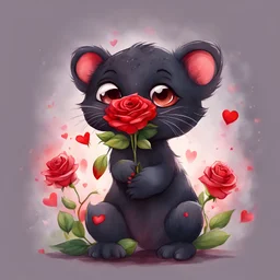 Cute happy panther gives red rose radiating love, cartoon, cute drawing, watercolor.