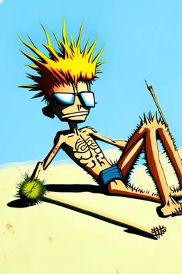 2d drawing of a stickman, cool with punk hair, x eyes like in hangman, no shirt, swim pants, laying down, tanning in the sun, 3d realistic in colour