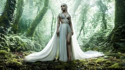 whole body image of beautiful Emilia Clark as Daenerys Targaryen in a mystical enchanted forest standing next to a dragon, HD 8K, sharp detail, hyperrealistic photo accurate face and features, cinematic lighting, award winning photography