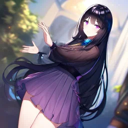 Clear focus,High resolution, black long fluffy hair, long fluffy bangs, purple eyes, wearing a cute outfit, wearing a short skirt