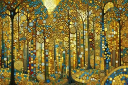 Gustav Klimt Inspired Landscape: A forest scene where the trees are patterned with intricate, symbolist designs and gold leaf accents. The composition is flat with a focus on decorative surfaces, reflecting Klimt's unique Art Nouveau style. Angle: straight-on. Lighting: evenly lit with an emphasis on the shimmering gold and rich, saturated colors.