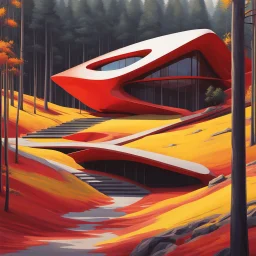 Zaha Hadid style hill cabin, trees, digital art, hyper-detailed, red and yellow colors, 8k oil painting