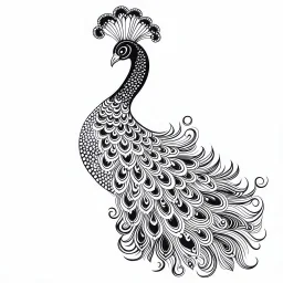 white, A peacock decoration, line art, white background, outline, with images neatly contained within the background, just black and white color, full body, no color. Looking front , front view, 8k, tatto style