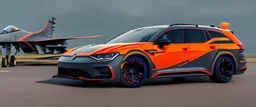 a military fighter jet station wagon hybrid designed by volkswagen only one vehicle per image painted metallic orange traveling at a high rate of speed, jet intake off of front center of vehicle and jet exhaust out the rear with bright blue flame