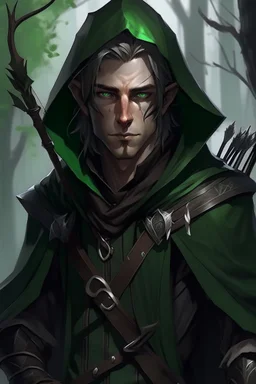 35 year old male dark rogue elf, thief assassin, Mauve hair, messy hair, bright green eyes, brown skin, black hood, black leather, messy, disheveled, trees, sneaky, bow and arrows, long and lean