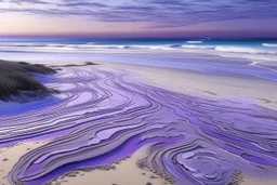 A purple beach with frosted sand designed in Australian aboriginal art painted by Edward Hicks