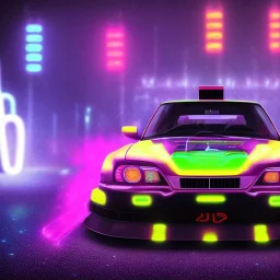 shiba inu driving tokyo drift car with neon ligths