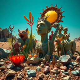 A striking photograph captures a sub-paracosm from a phantasmagorical universe made of glossy organic material, human statues, with group of plants and animals, eyes, teeth, figures, adorned with glossy minerals and rocks, eerie, wasteland, Max Ernst style, hypnotic, intense noon-light sun, 8k, deep 3d field, strong texture, extreme detail, intricate, colours, rich moody colors