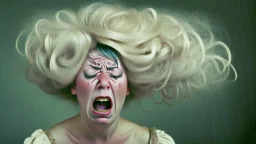 lady crying while holding shoddy wig