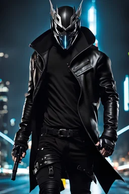 Full body,Half-cyborg demon male cyberpunk assassin wearing a metal mask, black jacket,walk in night city background