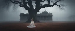 Hyper Realistic Haunted Dark Indian palace & back of Indian bride standing between a Field with dry old tree at heavy foggy night