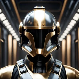 star wars bald male corellian pilot wearing pearlescent black and gunmetal grey First Order special forces armor and helmet with gold trim inside the jedi temple, centered head and shoulders portrait, hyperdetailed, dynamic lighting, hyperdetailed background, 8k resolution, volumetric lighting, light skin, fully symmetric details