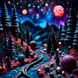 Detailed creepy landscape made of modeling clay, train, stars and planets, Tim Burton, strong texture, extreme detail, Max Ernst, decal, rich moody colors, sparkles, bokeh, odd