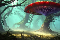 Alien forest with an umbrella made from a jellyfish, photorealistic, Detailed Matte Painting, Deep Colour, Fantastical, Intricate Detail, sunshine, blue sky